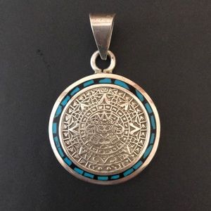 Aztec Sun Silver and Turquoise Pendant